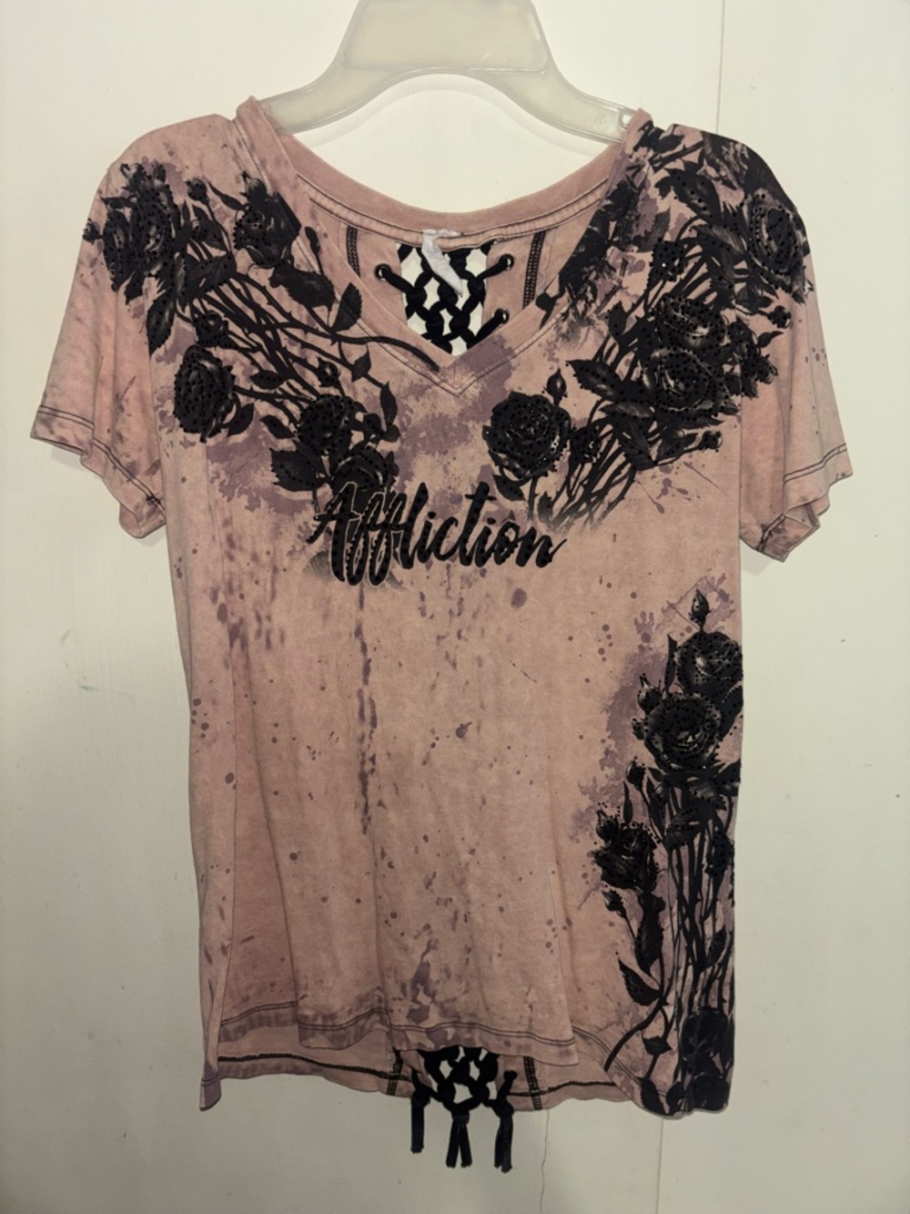Affliction Pink Lace-Up V-Neck Tee with Black Floral Graphics
